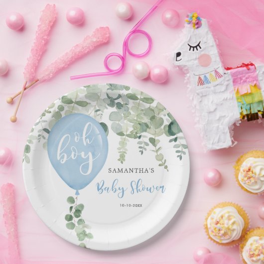 Oh boy blauw ballonjongen baby shower groen papieren bordje (Feest)