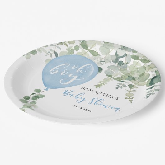 Oh boy blauw ballonjongen baby shower groen papieren bordje (Gekanteld)