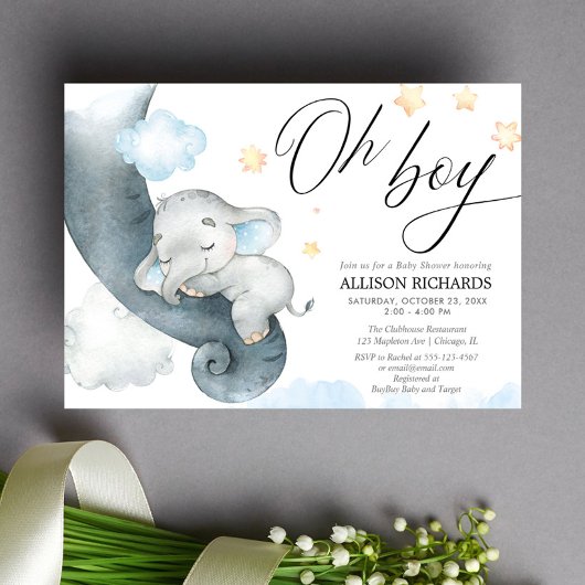 Oh boy blauw geel olifant baby shower kaart
