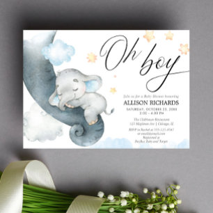 Oh boy blauw geel olifant baby shower kaart