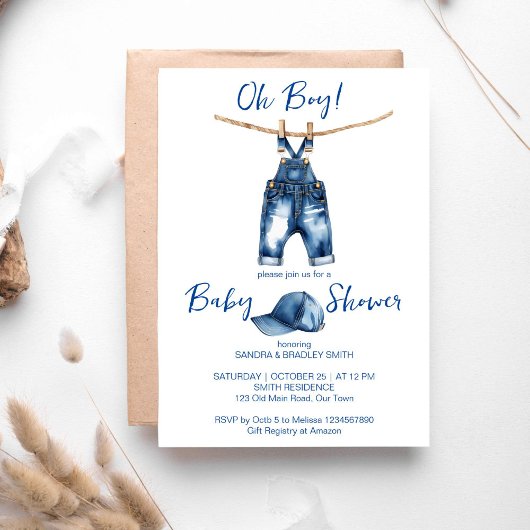 Oh boy blauw jeans baby shower sjabloon kaart