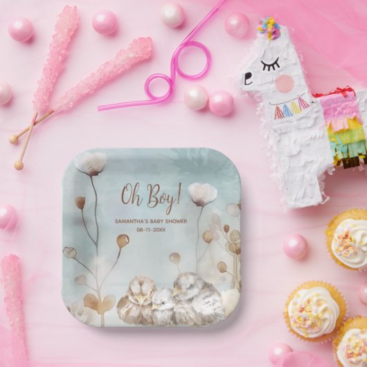 Oh Boy! blauw waterverf baby shower Papieren Bordje (Feest)