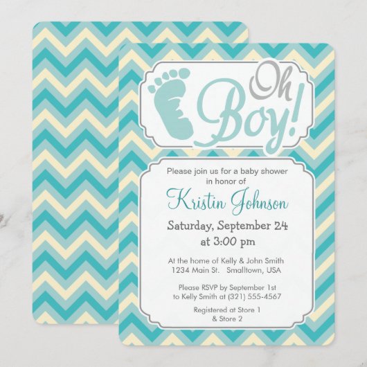 Oh boy! Blauwe, Blauwgroen Chevron Baby shower Uit Kaart (Voorkant / Achterkant)