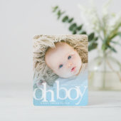 OH BOY blauwe overlay Moderne foto Geboorte Aankondiging (Staand voorkant)