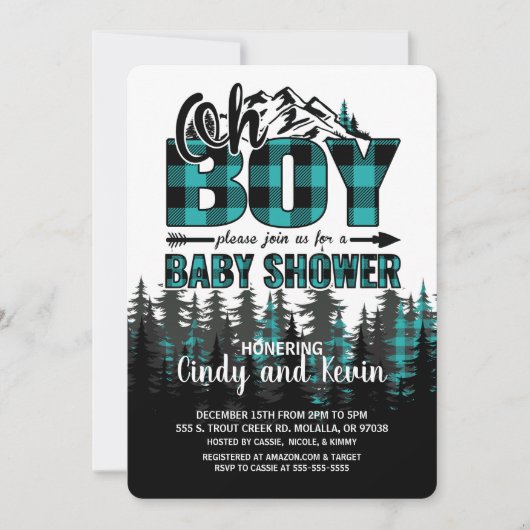 Oh Boy Blauwgroen Plaid Baby shower Invitation Kaart (Voorkant)