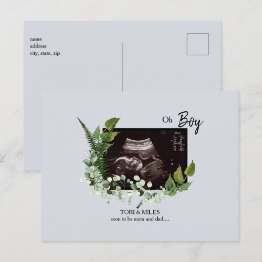 Oh Boy Bleek Blue Ultrasound Foliage Aankondigingskaart (Voorkant / Achterkant)