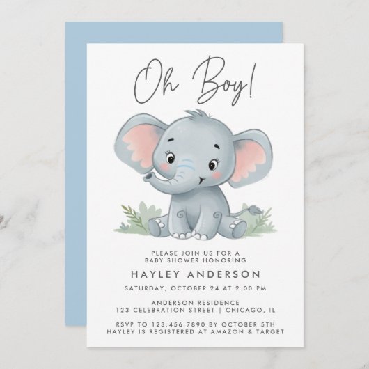 Oh Boy Blue Baby Elephant Baby shower Kaart (Voorkant / Achterkant)