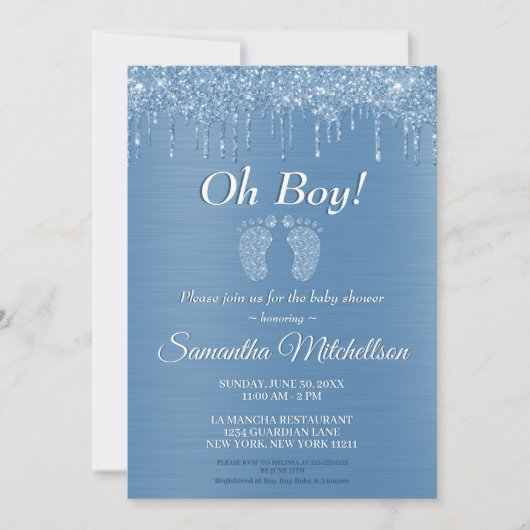 Oh Boy Blue Baby shower Glitter Drip Baby Feet Kaart (Voorkant)