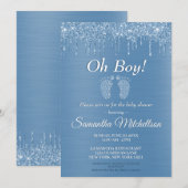 Oh Boy Blue Baby shower Glitter Drip Baby Feet Kaart (Voorkant / Achterkant)