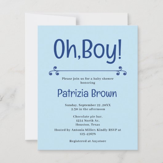 Oh Boy Blue Baby Shower  Invitation (Voorkant)