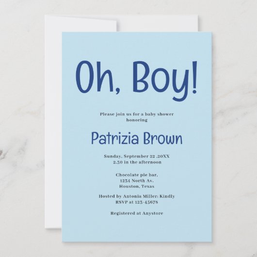 Oh Boy Blue Baby Shower  Invitation Kaart (Voorkant)