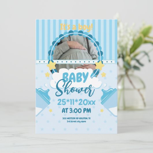 Oh Boy Blue Baby shower met foto, Baby Boy Kaart (Staand voorkant)
