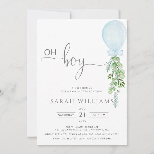 Oh Boy Blue ballon Eucalyptus Baby shower Invitat Kaart (Voorkant)