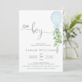 Oh Boy Blue ballon Eucalyptus Baby shower Invitat Kaart (Staand voorkant)