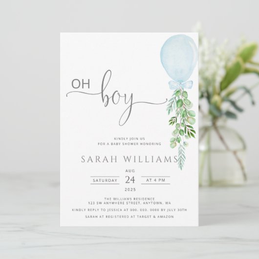 Oh Boy Blue ballon Eucalyptus Baby shower Invitat Kaart (Staand voorkant)