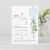 Oh Boy Blue ballon Eucalyptus Baby shower Invitat Kaart (Staand voorkant)