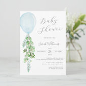 Oh Boy Blue ballon Eucalyptus Baby shower Invitat Kaart (Staand voorkant)