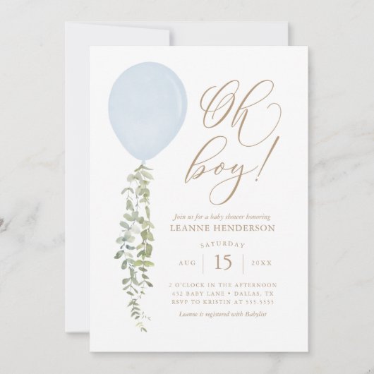 Oh Boy Blue ballon Eucalyptus Baby shower Invitat Kaart (Voorkant)