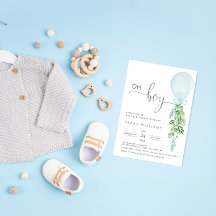 Oh Boy Blue ballon Eucalyptus Baby shower Invitat