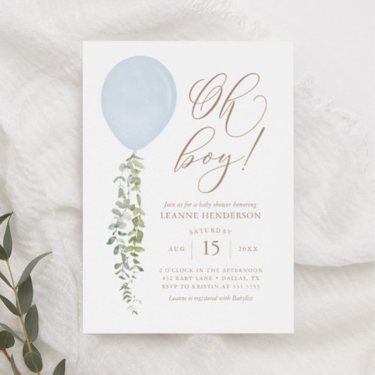 Oh Boy Blue ballon Eucalyptus Baby shower Invitat Kaart