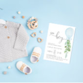 Oh Boy Blue ballon Eucalyptus Baby shower Invitat Kaart
