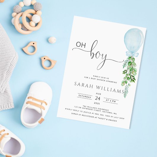 Oh Boy Blue ballon Eucalyptus Baby shower Invitat Kaart