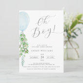 Oh Boy Blue ballon Eucalyptus Baby shower Kaart (Staand voorkant)