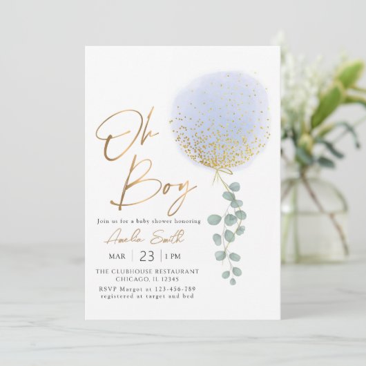 Oh Boy Blue ballon Eucalyptus Baby shower Kaart (Staand voorkant)