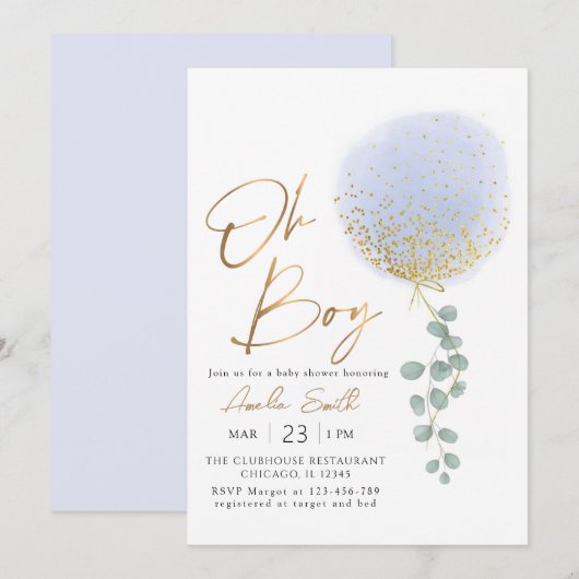 Oh Boy Blue ballon Eucalyptus Baby shower Kaart (Voorkant / Achterkant)