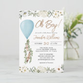 Oh Boy Blue ballon Eucalyptus Flowers Baby shower Kaart (Staand voorkant)
