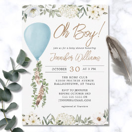 Oh Boy Blue ballon Eucalyptus Flowers Baby shower Kaart