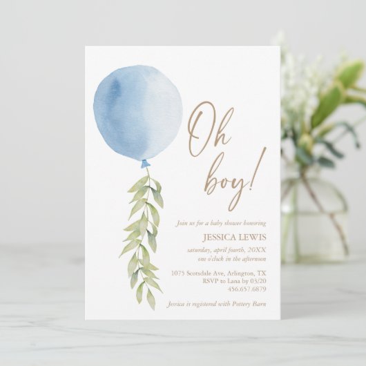 Oh Boy Blue ballon Eucalyptus Foliage Baby shower Kaart (Staand voorkant)