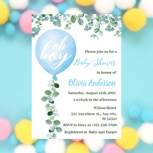 Oh Boy, Blue Balloon and Greenery Theme Baby showe Kaart
