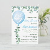 Oh Boy, Blue Balloon and Greenery Theme Baby showe Kaart (Staand voorkant)