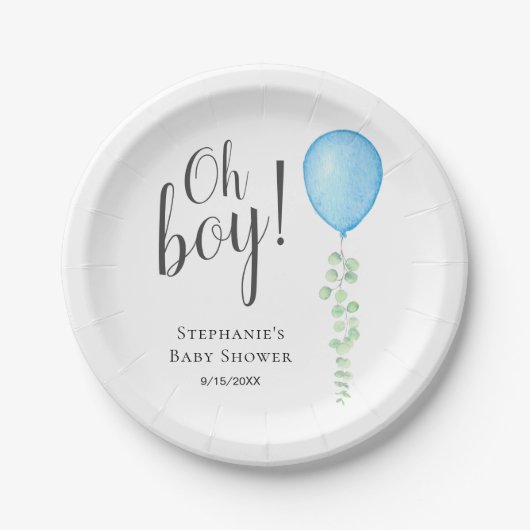 Oh Boy Blue Balloon Boy Baby shower Papieren Bordje (Voorkant)