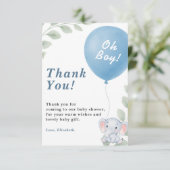 Oh Boy Blue Balloon Elephant Baby Shower Bedankkaart (Staand voorkant)