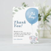 Oh Boy Blue Balloon Elephant Baby Shower PHOTO Bedankkaart (Staand voorkant)