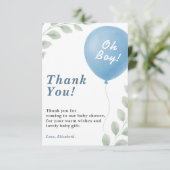 Oh Boy Blue Balloon Eucalyptus Baby Shower Bedankkaart (Staand voorkant)