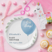 Oh Boy Blue Balloon Eucalyptus Baby Shower Papieren Bordje (Feest)