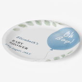Oh Boy Blue Balloon Eucalyptus Baby Shower Papieren Bordje (Gekanteld)