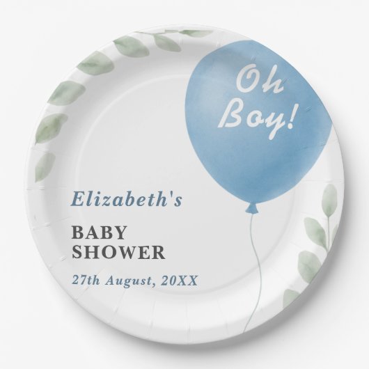 Oh Boy Blue Balloon Eucalyptus Baby Shower Papieren Bordje (Voorkant)