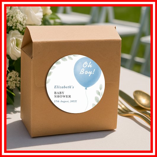Oh Boy Blue Balloon Eucalyptus Baby Shower Ronde Sticker