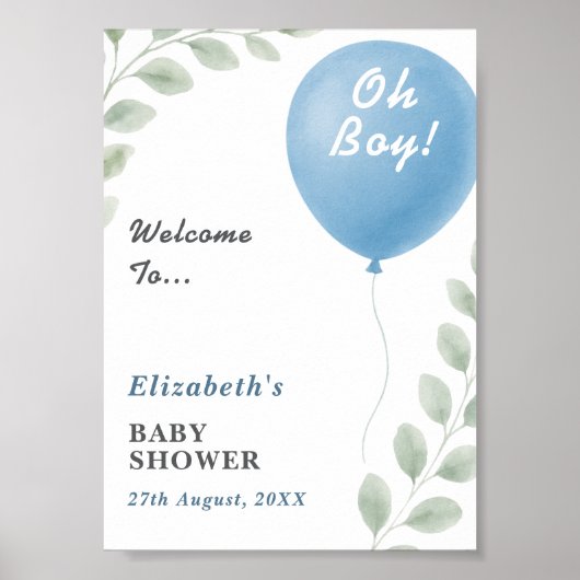 Oh Boy Blue Balloon Eucalyptus Baby Shower Welcome Poster (Voorkant)