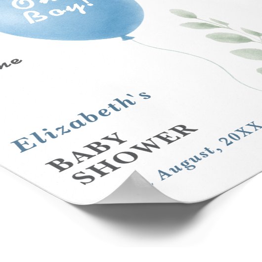 Oh Boy Blue Balloon Eucalyptus Baby Shower Welcome Poster (Hoek)
