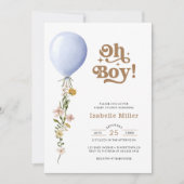 Oh Boy Blue Balloon Floral Baby shower Invitation Kaart (Voorkant)