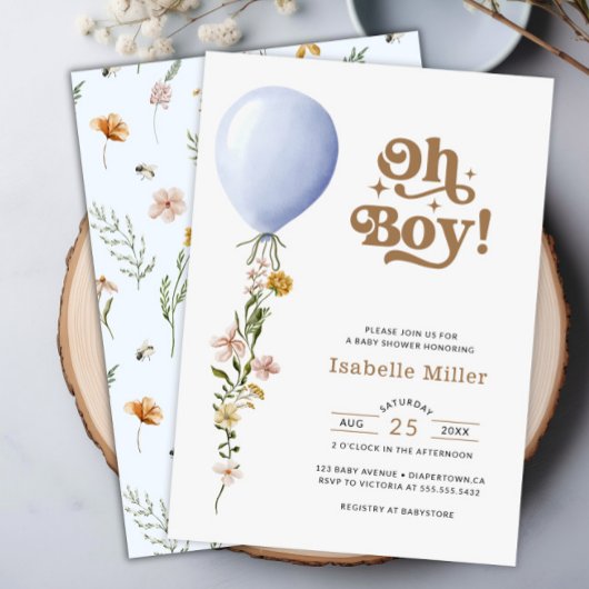 Oh Boy Blue Balloon Floral Baby shower Invitation Kaart