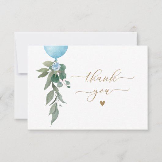 Oh Boy Blue Balloon Greenery Baby shower Bedankkaart (Voorkant)