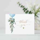 Oh Boy Blue Balloon Greenery Baby shower Bedankkaart (Staand voorkant)