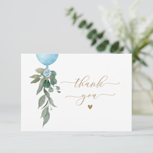 Oh Boy Blue Balloon Greenery Baby shower Bedankkaart (Staand voorkant)