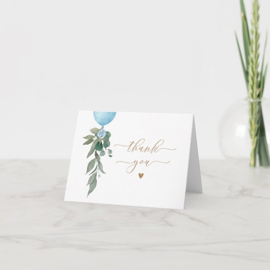 Oh Boy Blue Balloon Greenery Baby shower Bedankkaart (Voorkant)